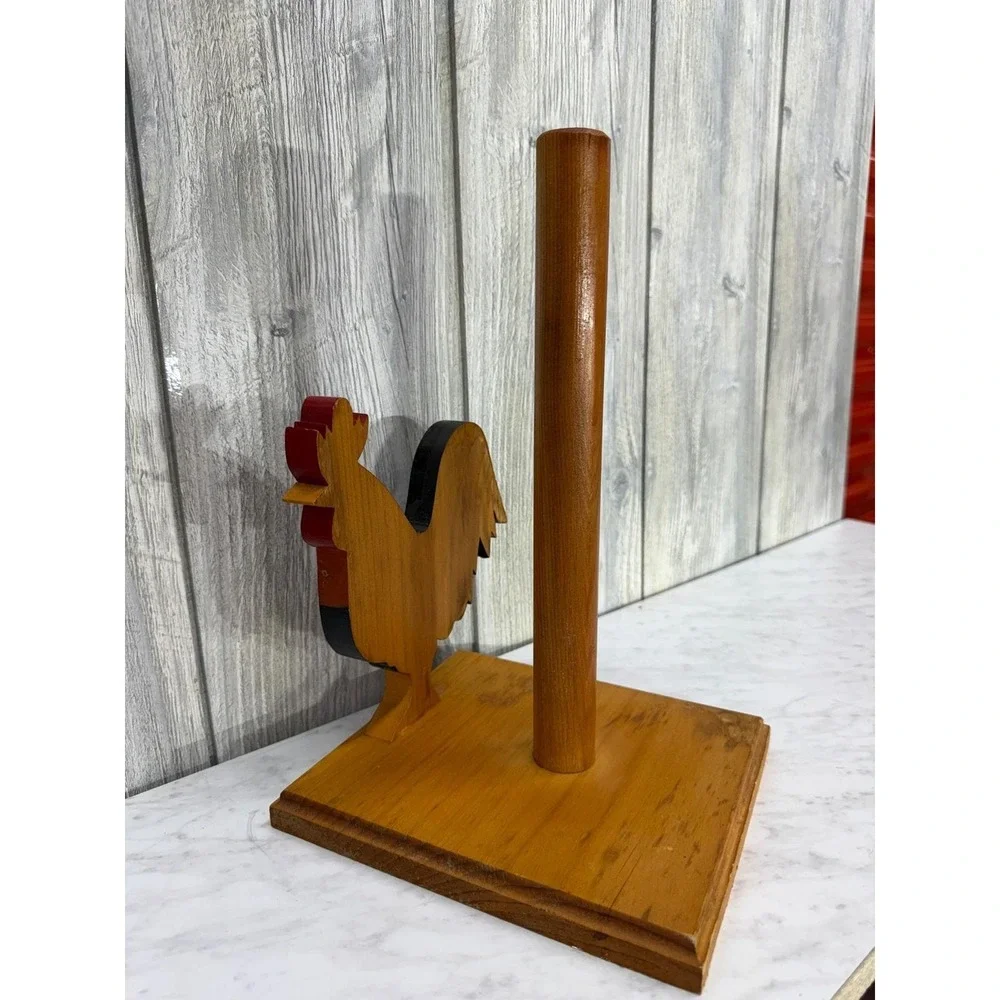 Vintage Wooden Rooster Paper Towel Holder Hand Painted Farmhouse Kitchen Decor